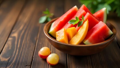 Flat Lay of Star Cut Watermelon, Mango Cubes, Lychee, and Grapes on Rustic Wooden Table
