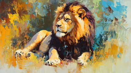 Majestic lion resting in a vibrant landscape.  Detailed painting style showcasing the lion's rich mane and textured fur against a colorful, abstract background