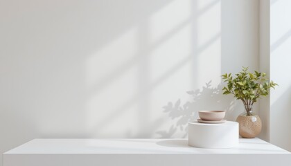White minimalist pedestal stand displaying decorative vase and bowl in bright modern room with natural light