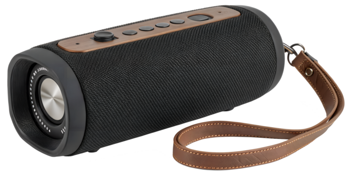 Modern cylindrical portable bluetooth speaker with a textured black fabric grill and a brown leather strap isolated on transparent background