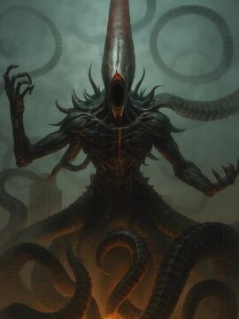 Infernal Monster With Glowing Fiery Mouth Emerging From the Mist in a Dark Fantasy Landscape With Spikes and Smoke