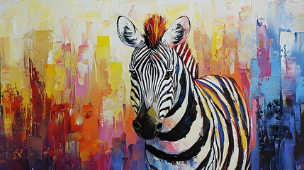 Zebra in a vibrant city. Bold strokes of color create a cityscape backdrop. Zebra's stripes are prominent against the lively abstract background
