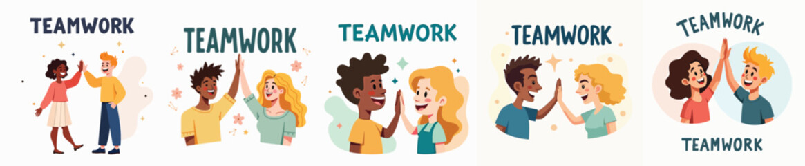 Vector flat illustration of two people giving high-five under the text ‘TEAMWORK’. Clean lines, pastel accents, white background.