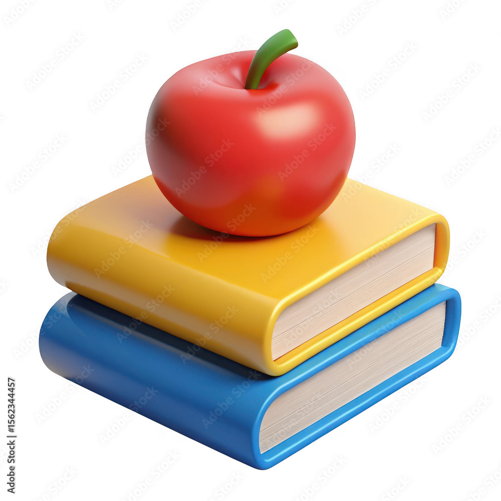 Poster red apple on stack of colorful books isolated on transparent background