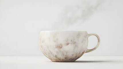 Photograph of ceramic mug with speckled glaze sits on a plain white background in a studio shot.