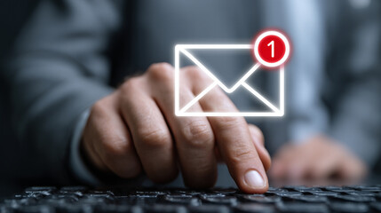 Businessman hand icon typing on keyboard, floating white envelope icon with red number 1 in the corner of the envelope, AI and technology, AI and technology