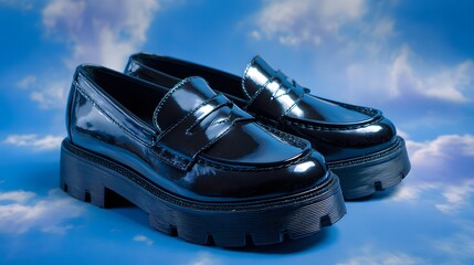 Elegant Black Patent Leather Loafers with Bold Chunky Sole and Mystical Chrome Blue Backdrop Enveloped by Engaging Ash Clouds for Modern Design