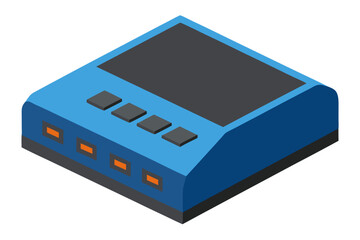 Isometric blue electronic device with screen and buttons