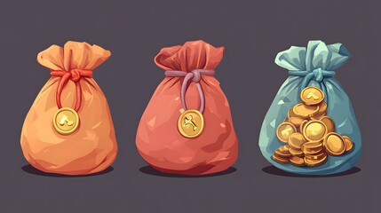 Digital illustration showcases three bags: two red with poker chips and one blue filled with gold coins.