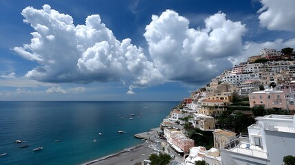 Obraz premium Coastal town nestled on a hillside, overlooking the sea under a cloudy sky