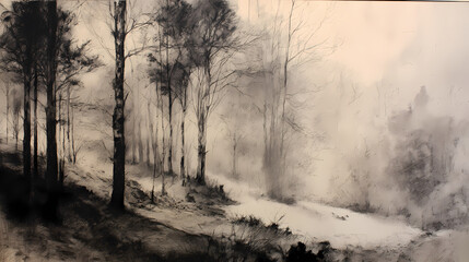 Fototapeta premium magazine intro for environmental legacy | solitude in motionless trees | seasonal decay | snow grey with ink haze | diagonal treeline cut | frozen undergrowth | diffused mist layering | scratchboard