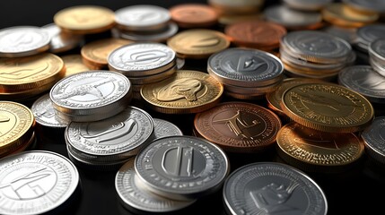 3D render of numerous coins stacked on a black surface, displaying diverse metallic textures and designs.