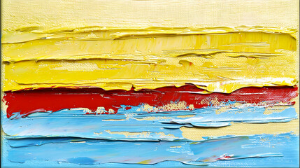 Abstract painting with horizontal bands of yellow, red, and blue. Textural strokes of paint create a layered effect, reminiscent of a landscape