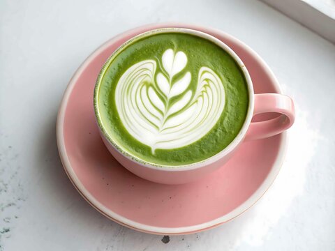 Pink cup of green matcha latte with latte art isolated on white background