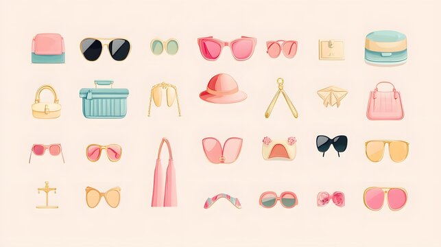 Digital illustration of pastel-colored handbags, sunglasses, hats, and jewelry arranged in a grid layout. - Powered by Adobe