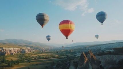 Naklejka premium Photograph of hot air balloons soaring over Cappadocia's surreal landscape.