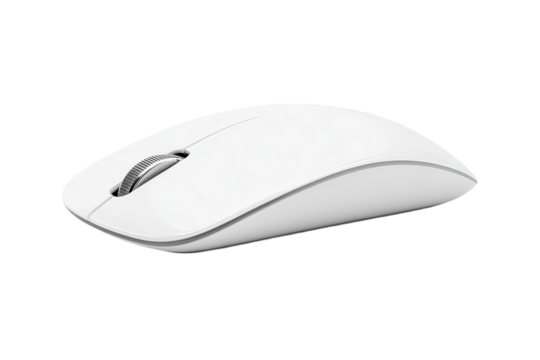 A white computer mouse with rounded edges, featuring an extremely thin and slender shape that resembles isolated on a transparent background in PNG format.