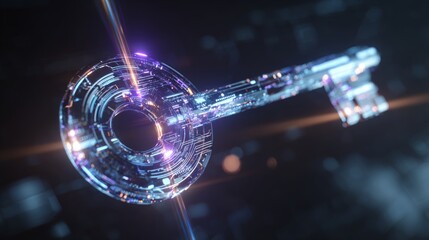 Cybernetic key represents access in digital world, with a futuristic and abstract design embodying security and technological advancement.