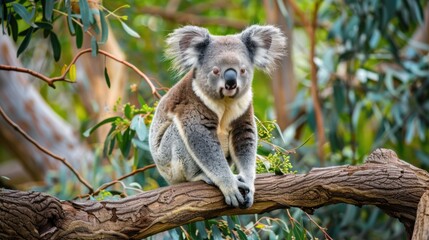 Koala bear enjoying a quiet moment on a eucalyptus tree branch in the Australian forest