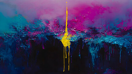 Abstract painting with vibrant colors, textured surface, and a striking yellow drip.  Deep, dark colors and a central yellow vertical line cascade down, contrasting with the brighter,