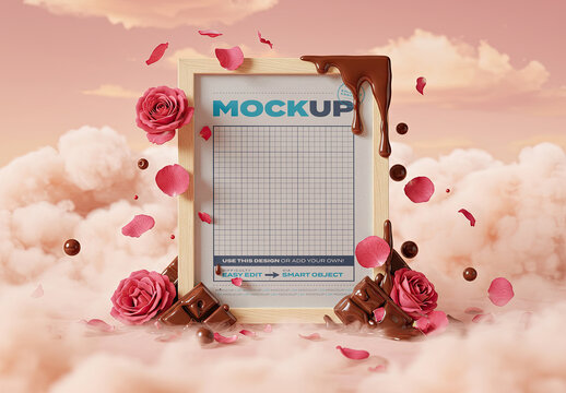 Frame Poster Mockup with Melted Chocolate and Pink Petals