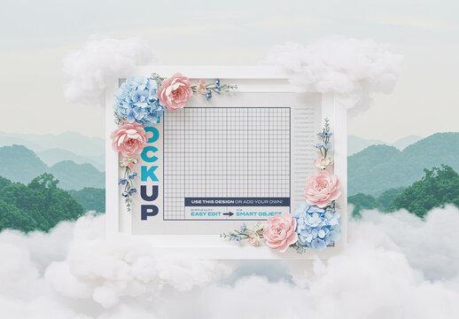 Frame with Flowers and Clouds Horizontal Frame Poster Mockup
