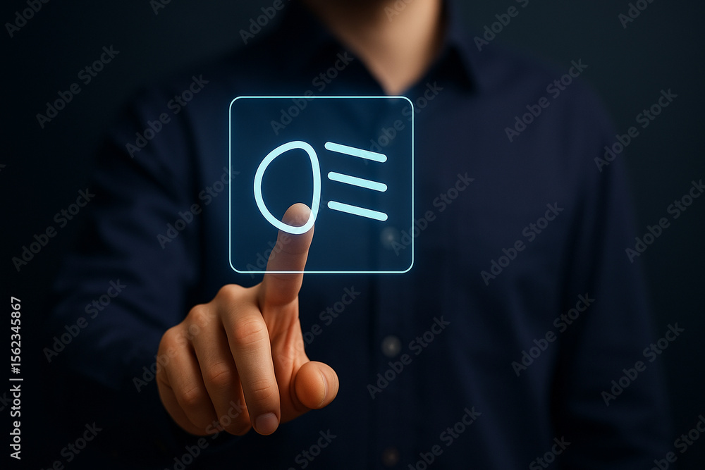 Poster man touching digital headlights icon interface with futuristic hud display in blue light for automot