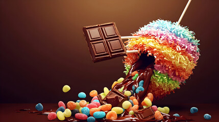 A colorful pi?ata-shaped confection spilling melted chocolate and assorted candies, with a chocolate bar piece also falling