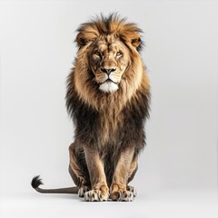 Majestic lion gazing directly, set against a pure white backdrop with focused lighting