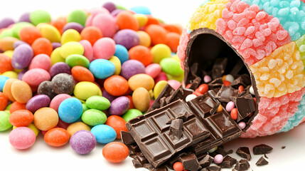 Colorful Easter egg filled with candy, chocolate, and sprinkles.  A pile of assorted round candies next to a colorful candy-coated egg, with a broken chocolate bar spilling from inside