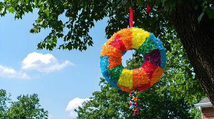 Colorful pi?ata donut shape hangs from a tree branch against a clear blue sky.  Multicolored paper pieces form the donut design.  A ribbon hangs from the top, leading to a cluster of small objects