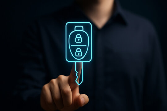 Modern man finger touches glowing digital car key fob hologram icon for smart vehicle security technology concept on dark background