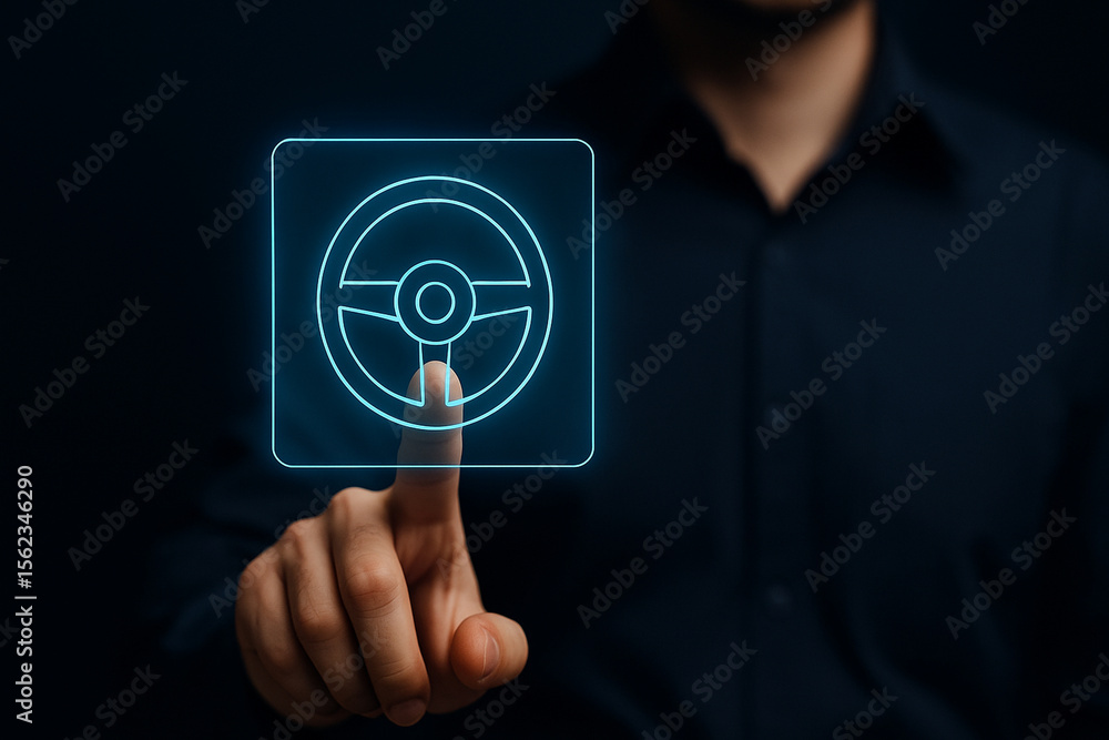 Poster man touching virtual steering wheel icon with finger in futuristic digital interface for automotive 