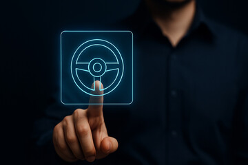 Man Touching Virtual Steering Wheel Icon with Finger in Futuristic Digital Interface for Automotive Technology and Innovation Concepts