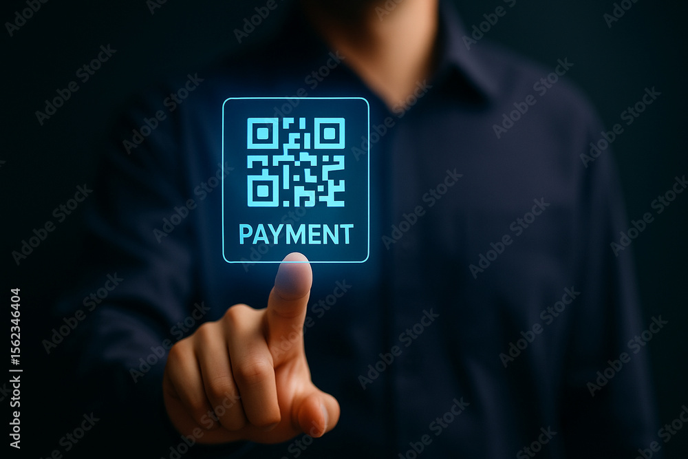 Aufkleber man touching glowing qr code payment icon interface in dark background for digital finance, contactl