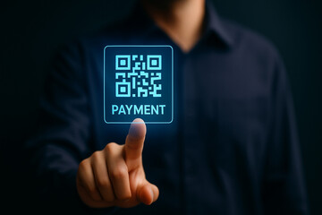 Man Touching Glowing QR Code Payment Icon Interface in Dark Background for Digital Finance, Contactless Transaction, Modern Technology Concept