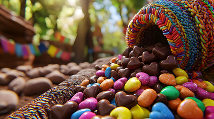 Colorful heart-shaped candies spill from a vibrant container in a lush forest setting.  A mix of chocolate and colorful candies cascade onto a wooden surface, surrounded by rocks and foliage