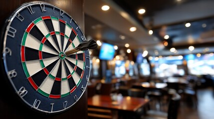 Dartboard with a dart hits bullseye in pub, blurred background with tables and lights