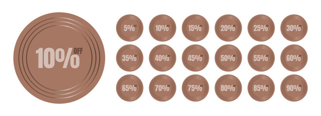 Vector set of round mocha mousse discount badges with various percentage values from 5% to 90% off, arranged in a grid with decorative circular lines.