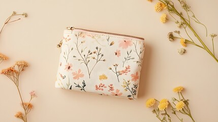 Photograph of a beige pouch adorned with watercolor floral and foliage pattern, accompanied by dried baby's breath...
