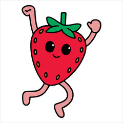 Energetic strawberry emoticon jump. Cheerful vector illustration perfect for love themed bakery packaging and digital greeting cards.
