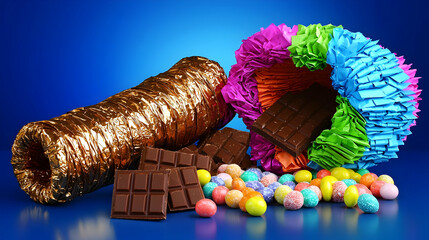 Chocolate horn and pi?ata with candies.  A golden horn, a colorful pi?ata, and chocolate pieces.  Colorful candies around