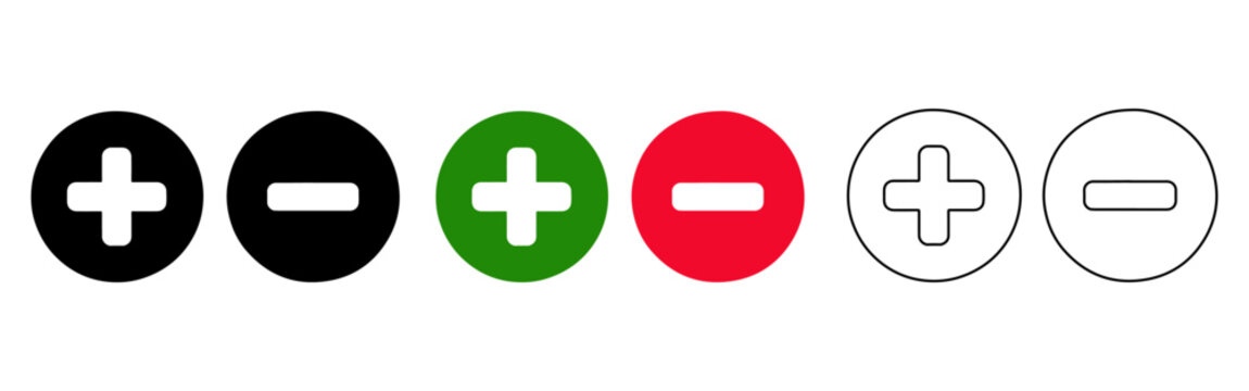 Minimal plus and minus icons set, black green red buttons on white background, UI control symbols, add and subtract signs, vector style interface elements