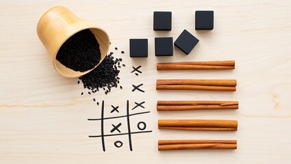 Creative composition of tic tac toe game spices black seeds and wooden sticks on light wood
