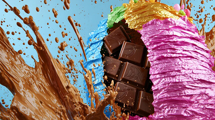 Colorful chocolate explosion bursts from a vibrant, wrapped treat.  Chocolate bars and colorful, sugary confectionery are surrounded by chocolate splashes
