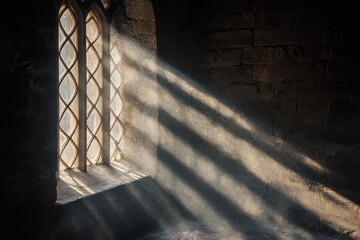 Sunbeams through old arched window in stone wall