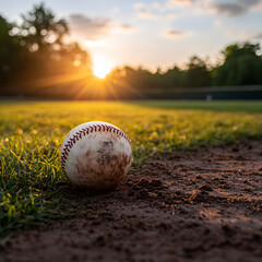 Baseball Bat at  Plate on Baseball Field at Sunset, Close up on sport environment with baseball