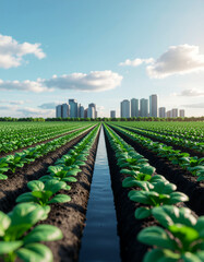 Eco-city of the future with hydroponic farms, clean tech transport, and minimalistic buildings under sunny weather.