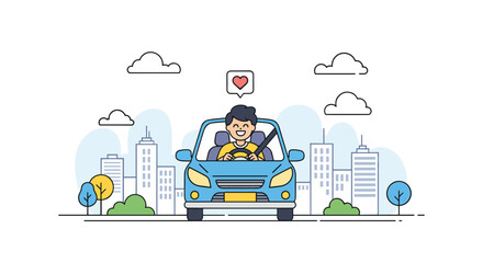Safe driver with a positive mood driving in cityscape