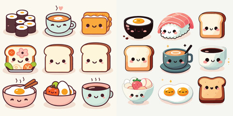 Flat vector collection of cute kawaii food icons with happy faces: sushi, toast, coffee, eggs. Minimalist design, pastel colors, white background